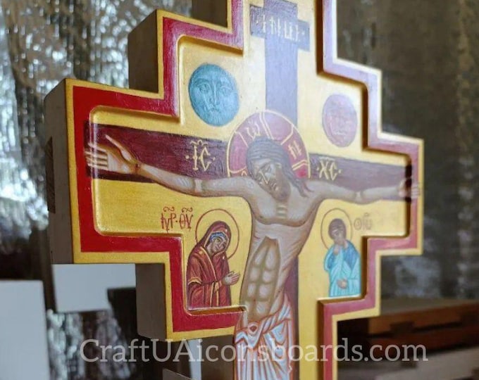 Hand-Painted Crucifix Icon, Christ on Cross,  Orthodox Wall Art