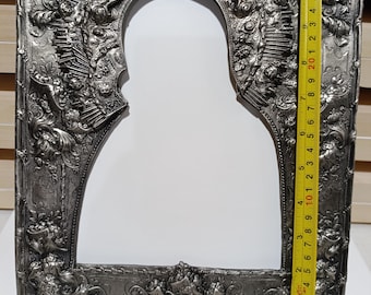 Orthodox Icon Oklad Vladimir Mother of God 25×30 cm – Handmade Copper Riza with Crown & Angels – Silver Plated or Raw Copper – Icon Board