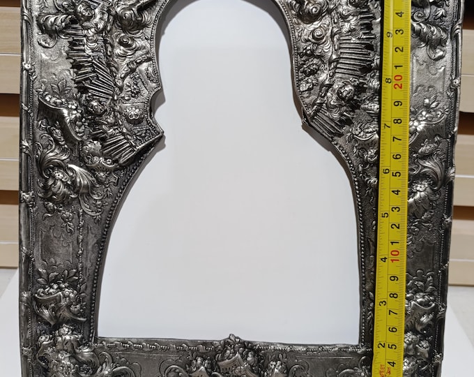 Orthodox Icon Oklad Vladimir Mother of God 25×30 cm – Handmade Copper Riza with Crown & Angels – Silver Plated or Raw Copper – Icon Board