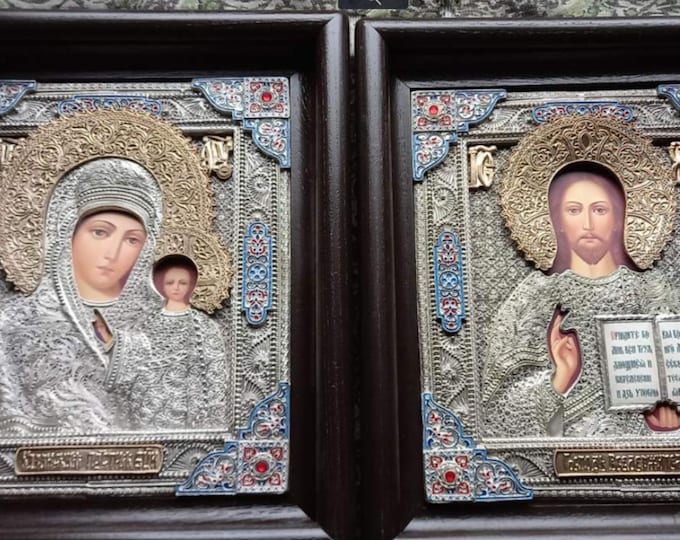 Wedding Icon Boards Set (2 pcs) with Silver Riza – Gesso Icon Panels with Ark, Orthodox (Christ & Theotokos), Optional Hand-Painted Icons