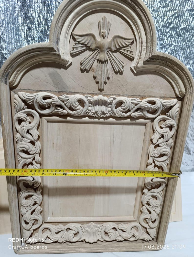 Hand Carved Icon board Case(45х69cm) for 28×32 cm Icon – Oak Kiot with Gold Carved Frame – Orthodox Icon Shrine with Levkas Panel image 9