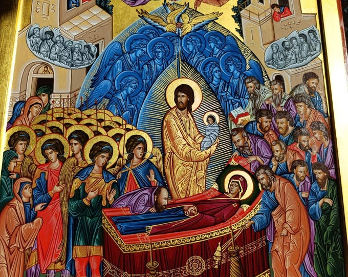 Hand Painted Orthodox Icon Dormition Theotokos – Egg Tempera Linden Wood Gold Leaf Byzantine Art