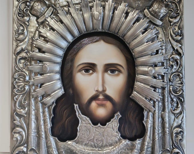 Hand Painted Orthodox Icon “Holy Mandylion” 9x12 in (23x30 cm) with Silvered Riza, Handmade Savior Icon on Wood, Christian Gift