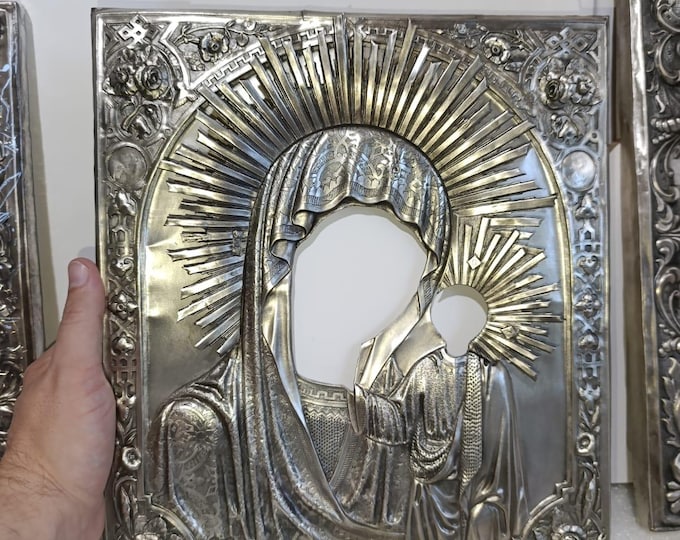 Icon Board Set 27x31 cm with Handmade Copper Oklad for Mother of God – Silver Tone Icon Painting Set 10.6x12.2 in