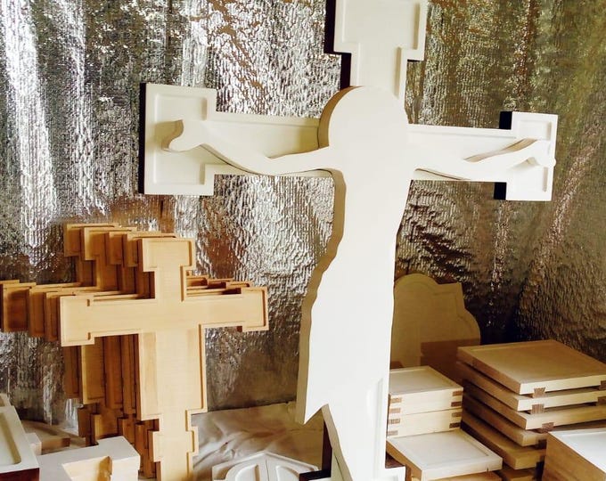 Large Processional Crucifix 60×100 cm(23.6 × 39.3 in) – Orthodox Church Cross with Levkas – Removable Christ Figure – Linden Wood Icon Panel