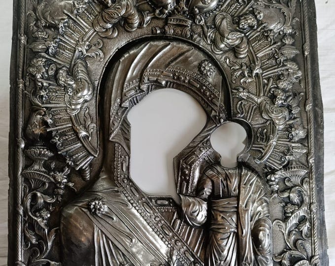Orthodox Icon Board Set 11.8x13 Inches (30x33 cm), Virgin Mary Riza, Gesso Panel with Kovcheg, Silver-Plated Oklad