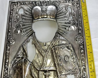 Orthodox Icon Oklad Saint Nicholas 31×27 cm – Handmade Copper Riza with Removable Halo – Silver Plated or Raw Copper – Icon Cover with Board