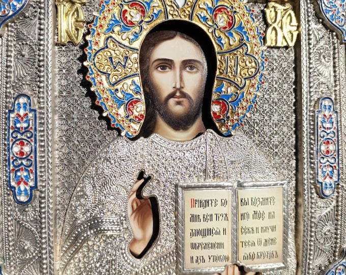 Hand-Painted Christ Pantocrator Orthodox Icon, Silver-Plated Oklad, Enamel Details