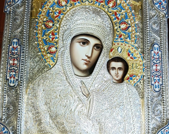 Hand Painted Orthodox Icon Kazan Mother of God, Silver Plated Oklad, Enamel Details