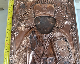 Orthodox Icon Oklad Saint Nicholas 31×27 cm – Handmade Copper Riza with Removable Halo – Silver Plated or Raw Copper – Icon Cover with Board