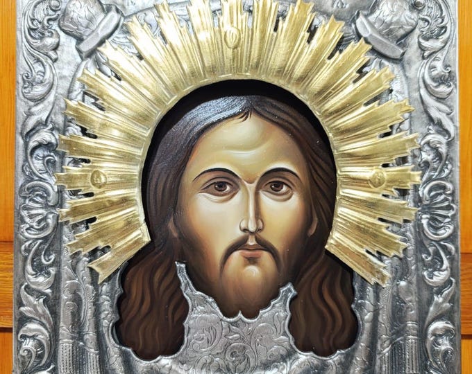 Hand Painted Icon 10 × 12 in “Holy Face of Christ” (Mandylion) – Image Not Made by Hands – Orthodox Icon on Wood  25×30 cm