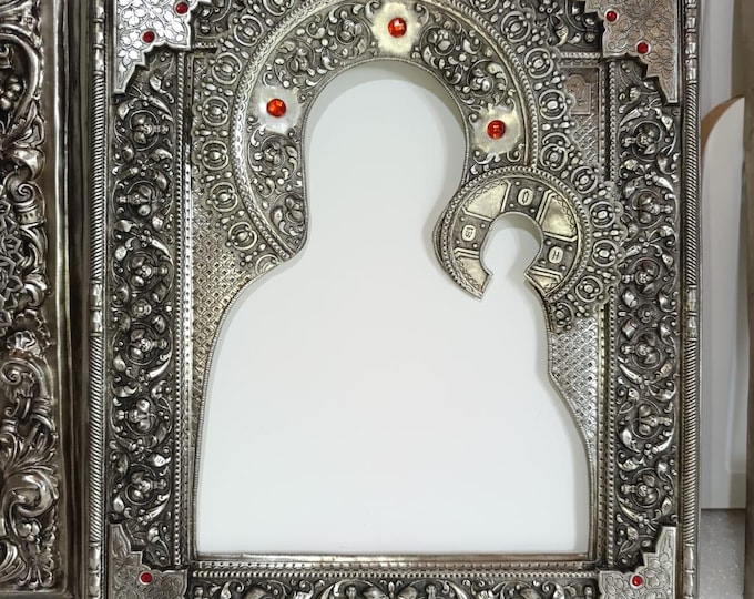 Icon Painting Board 26x31 cm with Handmade Copper Oklad – Mother of God Riza Set for Iconographers 10.2x12.2 in