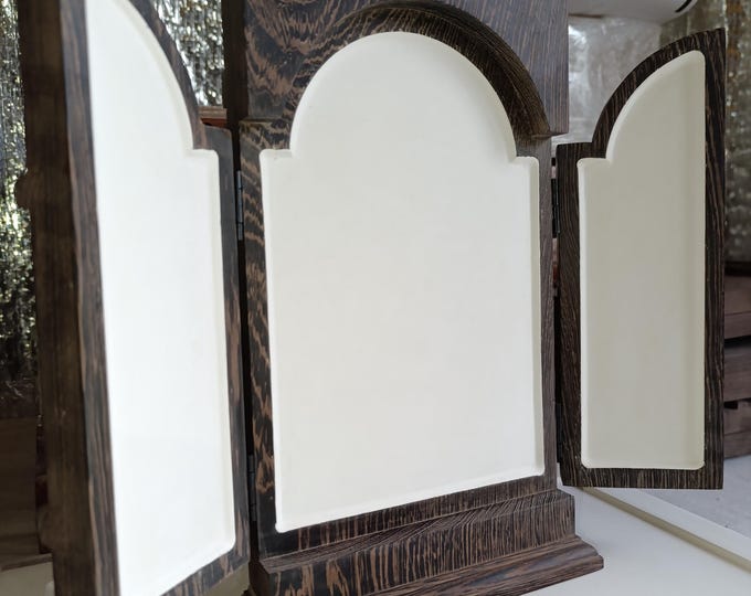 Gessoed Triptych Icon Board with Ark, Handcrafted Black Wenge Solid Wood Panel, Professional Iconography Supply, Luxury Folding Home Altar