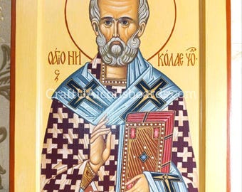 Hand Painted Icon of Saint Nicholas 25x30 cm (10x12"), Egg Tempera Orthodox Iconography on Wood, Byzantine Saint Nicholas the Wonderworker