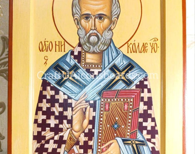 Hand Painted Icon of Saint Nicholas 25x30 cm (10x12"), Egg Tempera Orthodox Iconography on Wood, Byzantine Saint Nicholas the Wonderworker