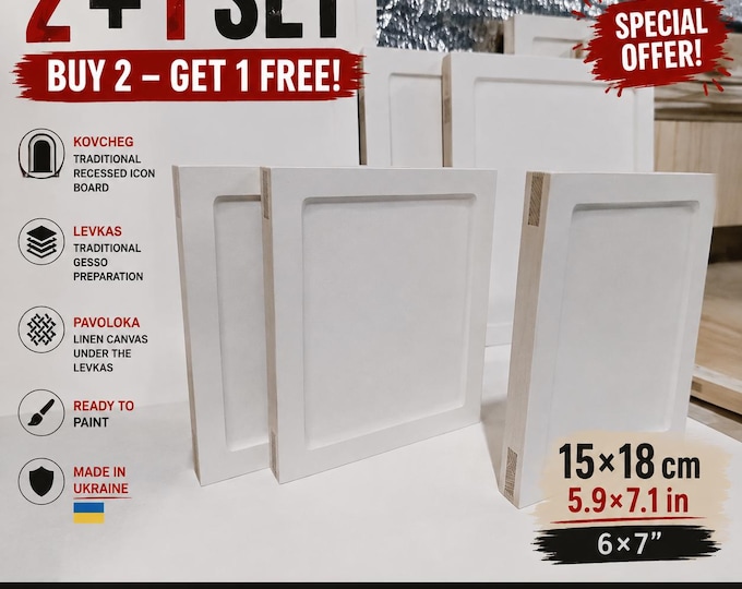 2+1 Icon Board Set 6x7" – 15×18 cm Orthodox Kovcheg Panels with Traditional Levkas Gesso & Pavoloka
