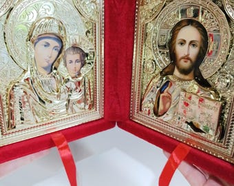 Orthodox Wedding Icon Set – Jesus Christ & Virgin Mary Diptych in Velvet Case | Prayer Corner Icon | Christian Family Gift