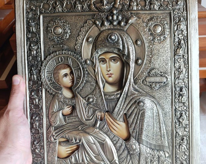 Three-Handed Mother of God Icon 11.8x14.2 Inches (30x36 cm), Hand Painted Orthodox Icon with Silver-Plated Oklad, Handmade Christian Gift