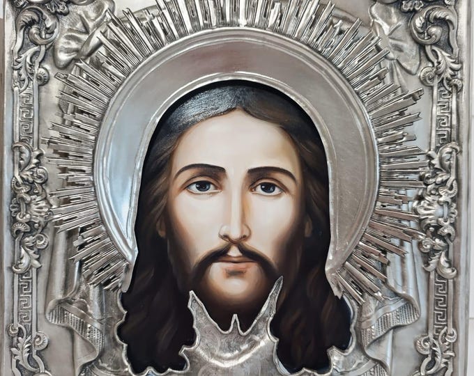 Holy Mandylion Icon – Handmade Oil Icon with Silvered Copper Oklad – Orthodox Christian Icon 30×35cm 11.8×13.8 in Christ Pantocrator Icon