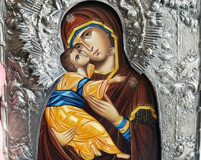 Hand Painted Virgin Mary Icon with Silver Riza 25×30 cm (9.8×11.8") | Orthodox Icon on Wood | Handmade Religious Art