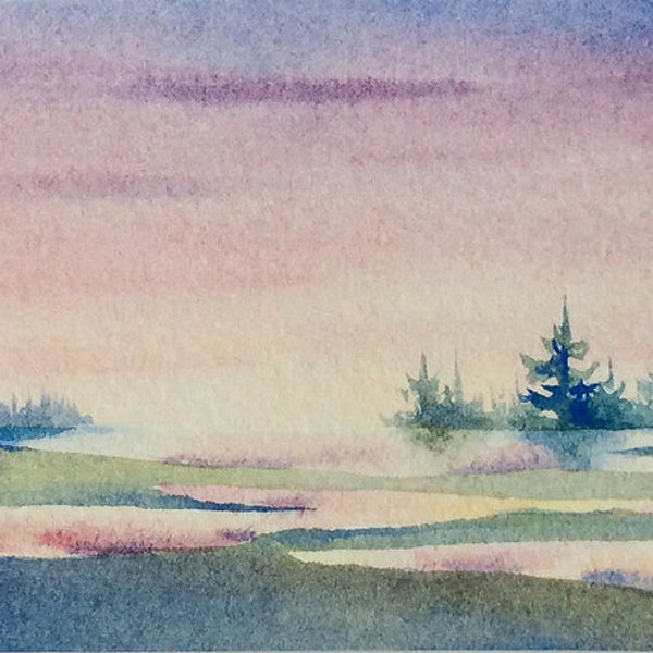 Original watercolor ACEO painting - Sunset reflections