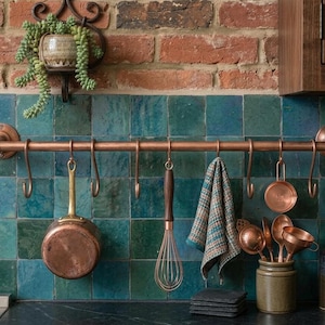 Solid Copper Pot Rail Kitchen Wall Rack with Hooks Rustic Hanging Storage Organizer