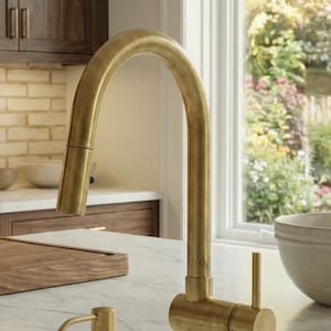 Unlacquered Brass Kitchen Faucet with Pull-Down Sprayer and Soap Dispenser