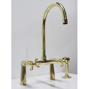 Unlacquered Brass Bridge Kitchen Faucet with Sprayer - Handcrafted Moroccan Design