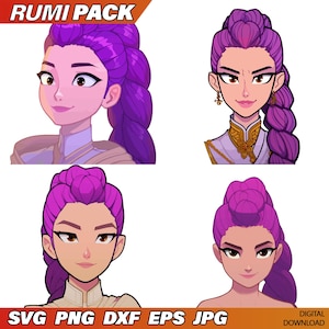Può includere: Quattro illustrazioni digitali di una donna con i capelli viola in vari stili. Le immagini sono in stile cartone animato, con il testo "RUMI PACK" in alto e "SVG PNG DXF EPS JPG" in basso. Download digitale.
