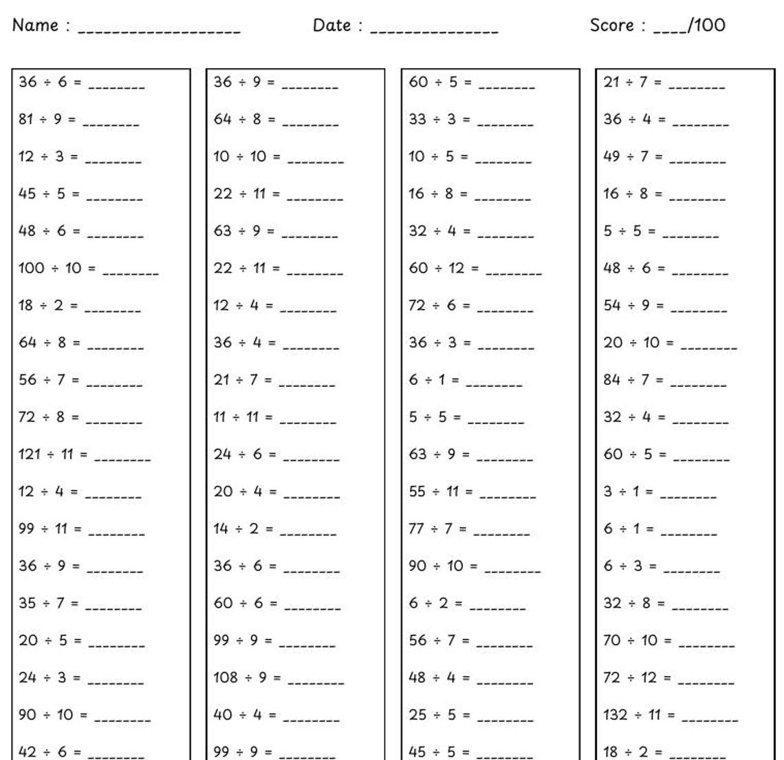 5 X 100 Mixed Division Worksheet - Etsy