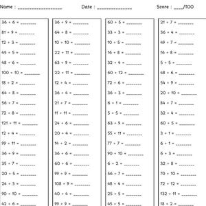 Könnte beinhalten: Ein schwarz-weißes Mathe-Arbeitsblatt mit Additions- und Subtraktionsaufgaben. Das Arbeitsblatt enthält Felder für den Namen, das Datum und die Punktzahl des Schülers. Die Aufgaben sind in Spalten angeordnet.