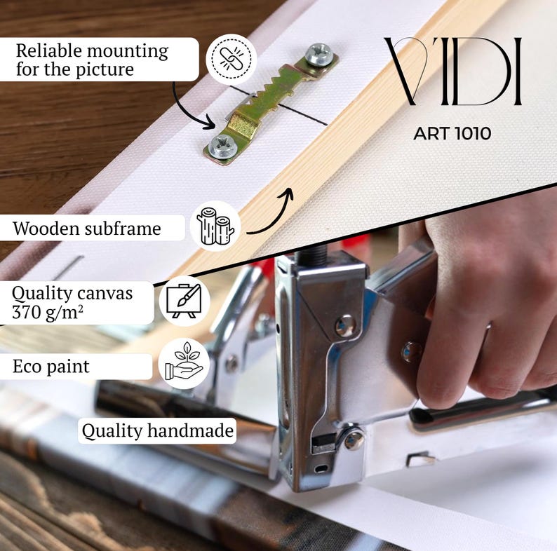Puede incluir: Primer plano del montaje de una obra de arte en lienzo. La imagen destaca el bastidor de madera, la lona de calidad (370 g/m&sup2;) y la pintura ecol&oacute;gica. Incluye herrajes de montaje fiables y el texto "VIDI ART 1010".