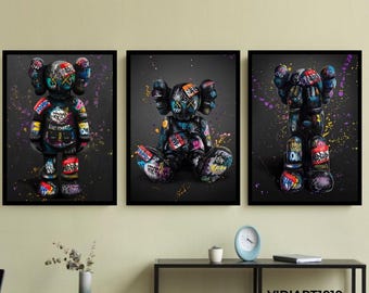 KAWS Black 3er Set Leinwand Kunst, Hypebeast Graffiti Dekor, Kunst für Haus Büro