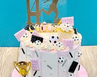 Personalised Football Girl Cake Topper – Custom Name & Age – Gold Mirror Card