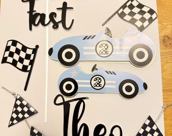 Birthday racing themed cake topper set. vintages cars, checkered flags, name and age.