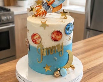 Space Rocket Cake Topper & Planet Decorations. Personalised with an age and name
