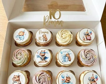 Capabara cupcake toppers, with a name and age. Set of 12