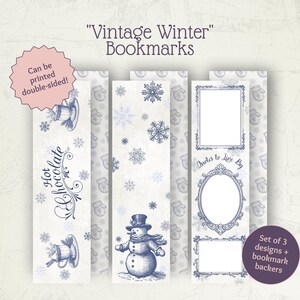 Pode incluir: Conjunto de três marcadores de livros "Vintage Winter" com ilustrações azuis sobre fundo branco. Os desenhos incluem um boneco de neve, flocos de neve e molduras decorativas. O texto inclui "Hot Chocolate" e "Quotes to Live By". Imprimível frente e verso.