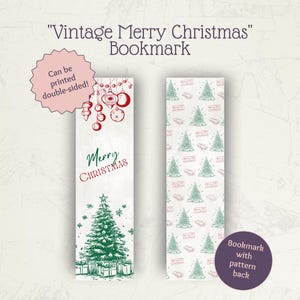Könnte beinhalten: Vintage Weihnachtslesezeichen mit dem Text "Vintage Merry Christmas". Eine Seite zeigt eine grüne Weihnachtsbaumillustration, die andere ein sich wiederholendes Baummuster. Das Lesezeichen ist doppelseitig.