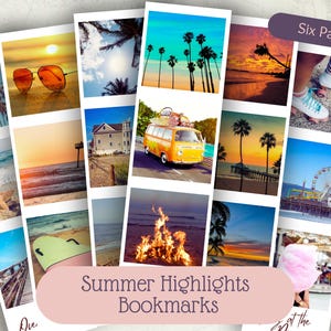 Puede incluir: Un paquete de seis marcapáginas con imágenes de verano. Las imágenes incluyen palmeras, puestas de sol, una furgoneta vintage y patines. El texto en los marcapáginas dice "Summer Highlights Bookmarks" y "Six Pack!"