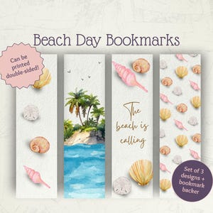 May include: Set of three beach-themed bookmarks. Designs include watercolor illustrations of seashells, palm trees, and ocean scenes. The text "The beach is calling" is featured on one bookmark. The bookmarks are double-sided.