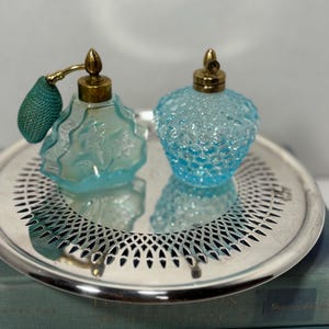 Vintage Blue Glass Perfume Bottle Pair – Atomizer & Hobnail Design | Vanity Collectibles, Mid Century Boudoir Decor