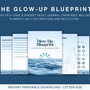 以下が含まれることがあります： 「The Glow-Up Blueprint」というタイトルのデジタルダウンロード。表紙には穏やかな海の風景とタイトルが描かれています。このジャーナルには、30日間のセルフケアとマインドセットのリセット、印刷可能なウェルネスプランナー、毎日のアファメーションが含まれています。
