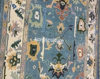 Blue Oushak Rug: 8x10 Hand Knotted Wool Turkish Area Rug