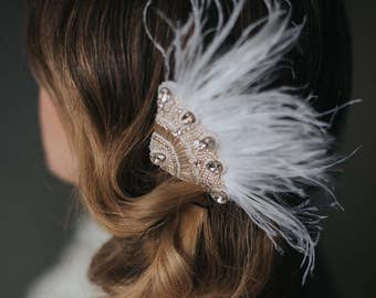 Gatsby style headpiece with glass beads, feathers, art deco accessory, 20's inspired bridal headband,  flapper style head piece, vintage