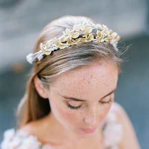Golden bridal crown for woodlands bride,floral crown in gold with leaves,tender bridal headpiece, bridal accessory, rustic bridal headpiece image 1