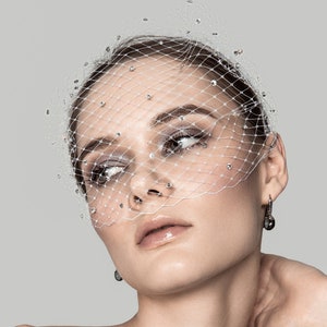 Jaula de novia clásica con cristales Swarovski plateados, accesorio de novia minimalista, velo brillante, elegante tocado de novia