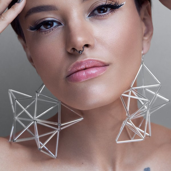 Star silver earrings, geometry contemporary design, jewellery earring, statement earring, modern jewelry, geometrical design