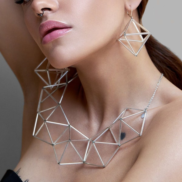 Geometrical set of necklace and earrings, special present set, modern necklace, geometry fashion