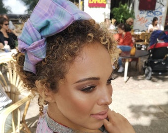 Lilac checkered tartan turban, stylish everyday bow piece,modern street style accessory,Scottish tartan headpiece, blogger fashion headpiece